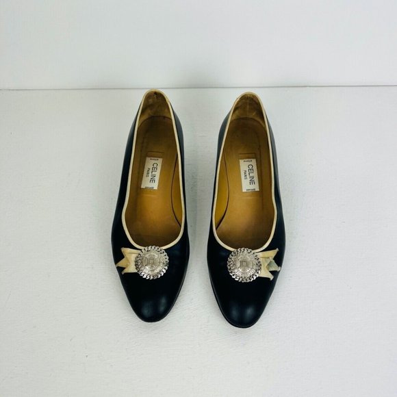 Celine Vintage Navy Blue and Cream Logo Coin Bow Detail Court Heels UK 5.5 - Picture 8 of 14